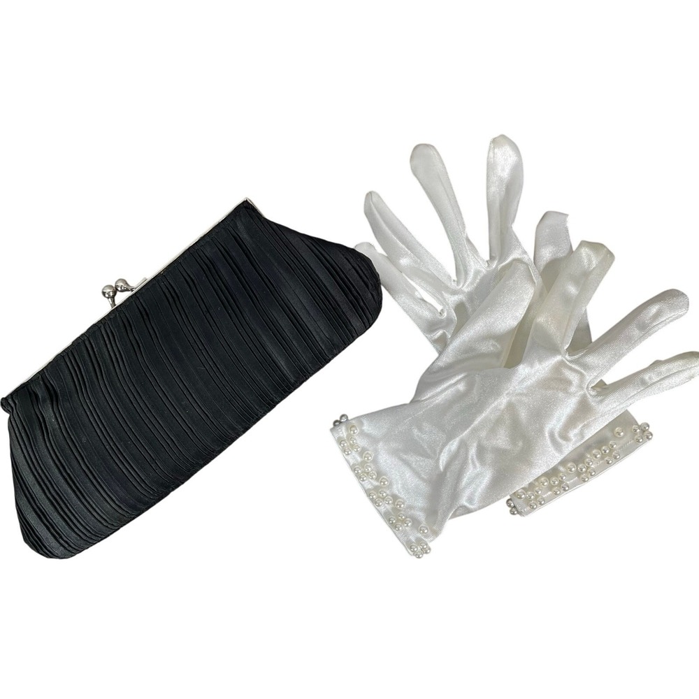 Black Pleated Clutch or Shoulder Bag With White Pearl Satin Short Gloves Glam‎